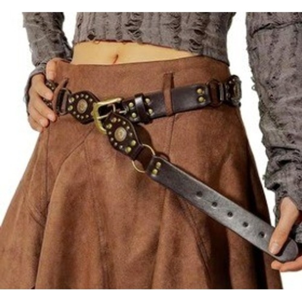 Womens Boho Leather Belt Studded Medallion Buckle Waistband‎ Dark Brown - Picture 2 of 4